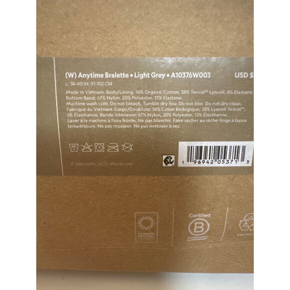 ALLBIRDS Organic Cotton Anytime Bralette Light Gray Size Large New - Picture 4 of 4